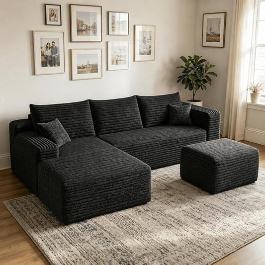 94" Black Fluffy Couch with Ottoman for Living Room, Corduroy No Bones Sectional Couch,Compressed Memory Foam Cloud Sofa,No Assembly Required,Left Facing Chaise,Black