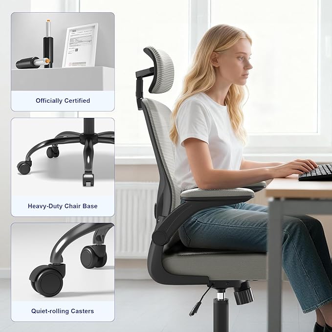 Ergonomic Office Chair - Adjustable Lumbar Support and Headrest, High Back Desk Chair with Flip-Up Arms for Home Office, 90-120° Tilt & Swivel Rolling Task Chair (Grey6076)