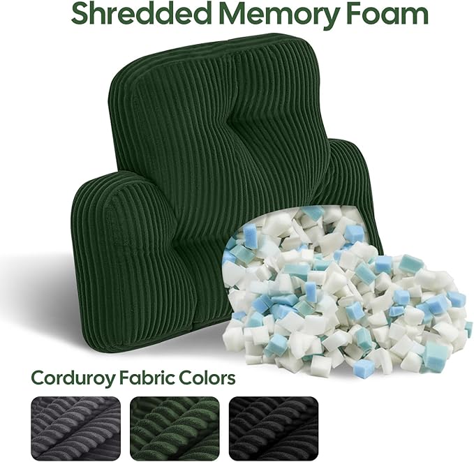 Lumbar Support Pillow for Recliner Chair/Couch/Car, Large Back Support Pillow for Office Chair for Elderly, Tufted Corduroy Back Cushion, Ideal for Pain Relief, Reading&Gaming, Green