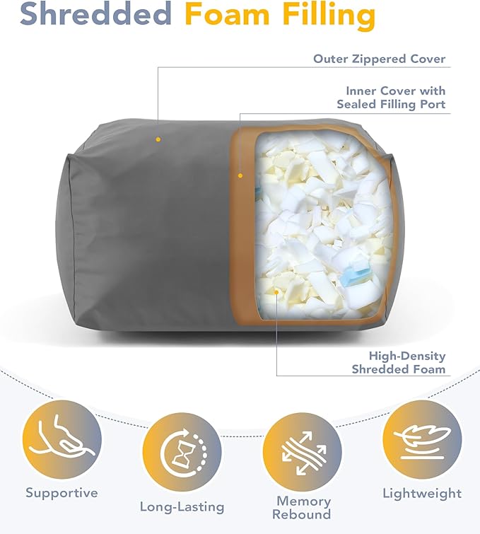 Outdoor Patio Bean Bag Ottoman - Small Beanbag Foot Rest Pouf Rectangular with Shredded Foam Filling, Splash-Proof Detachable Zipper Cover for Relaxing, Gray