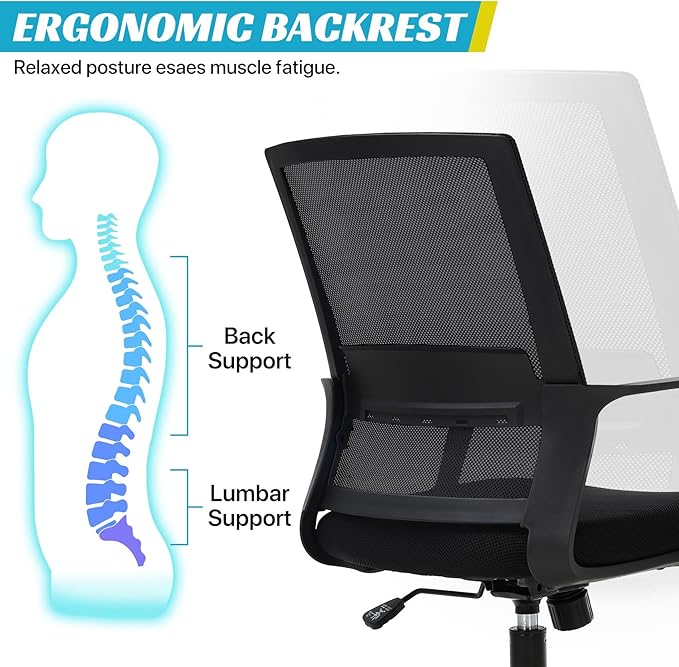 Ergonomic Office Chair, Breathable Mesh Desk Chair, Swivel Computer Chair with Wheels & Adjustable Height & Comfort Seat for Home Office, Gaming Room, Black