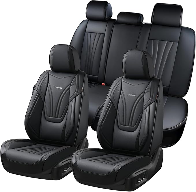 Coverado Car Seat Covers Full Set, 5 Piece Car Seat Protector with Lumbar Support & Removable Headrest, Breathable Leather Front Rear Seat Cushion Universal Fit for Truck Automotive Black