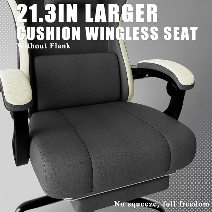 Gaming Chair, High Back Fabric Computer Chair with Pocketed Spring Cushion and Footrest, Height Adjustable Game Chair with Headrest and Lumbar Support (Beige & Gray)