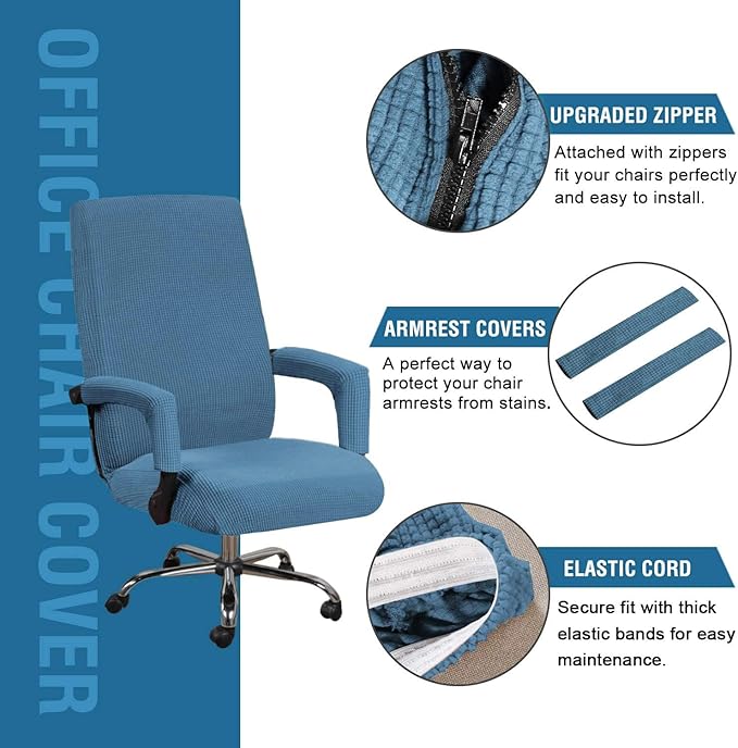 H.VERSAILTEX Stretch Computer Office Chair Covers, Soft Fit Universal Desk Rotating Chair Slipcovers, Removable Washable Anti-Dust Spandex Seat Protector Cover with Zipper, Dusty Blue
