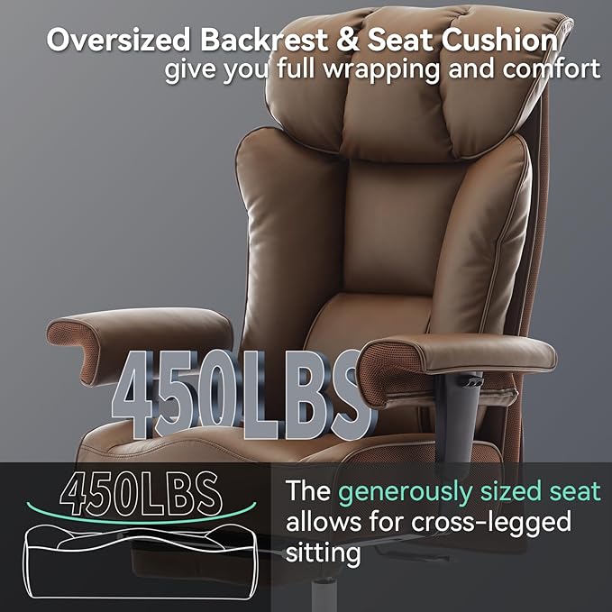 Efomao Big and Tall Office Chair with Footrest, 450lbs High Back Executive Chair with Spring Cushion, PU Leather Upholstery, Padded Armrests, Swivel Base, and Rolling Wheels – Brown Computer Chair
