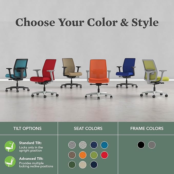 HON Ignition 2.0 Low Back Task Chair, Spectrum Mesh, Advanced Synchro-Tilt Control, Office Chair with Lumbar Support, Height and Width Adjustable Arms, Black Frame, Salamander