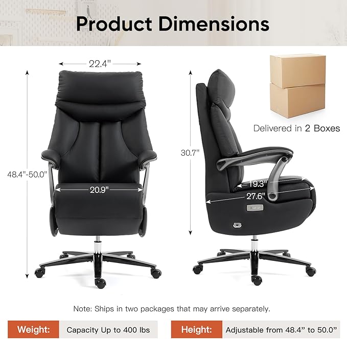 ECOTOUGE Electric Executive Office Chair with Footrest, 400LBS Big and Tall Office Chair, Comfortable Ergonomic Recliner Chair for Home Office, Studio or Gaming Room, Black