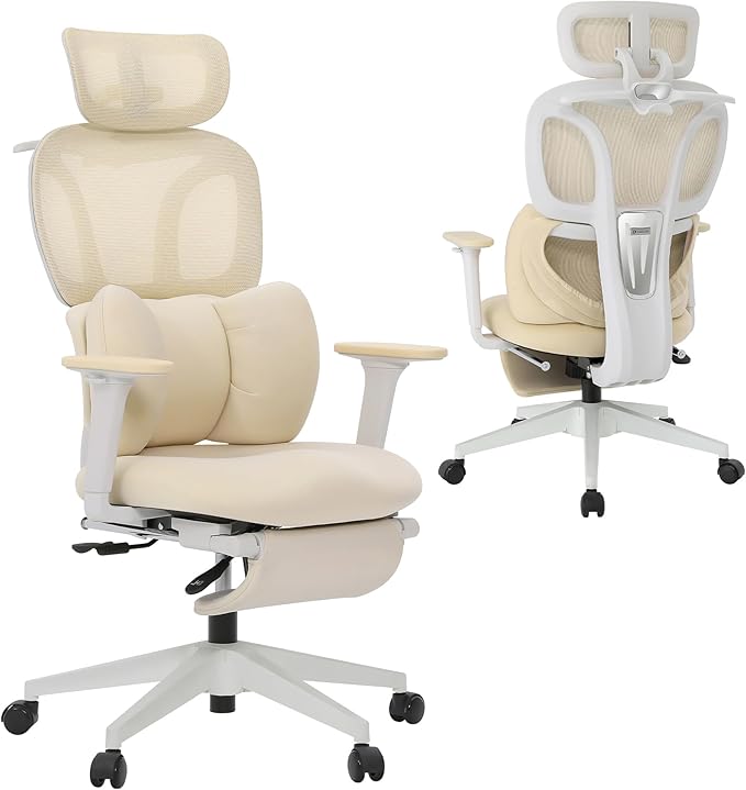CabLady S1 Petite Ergonomic Home Desk Chair with Footrest and Headrest, High Back Fixed Lumbar Support with Detachable Pillow, Reclining Cute Office Chair for Women & Girls, 300 LBS Capacity