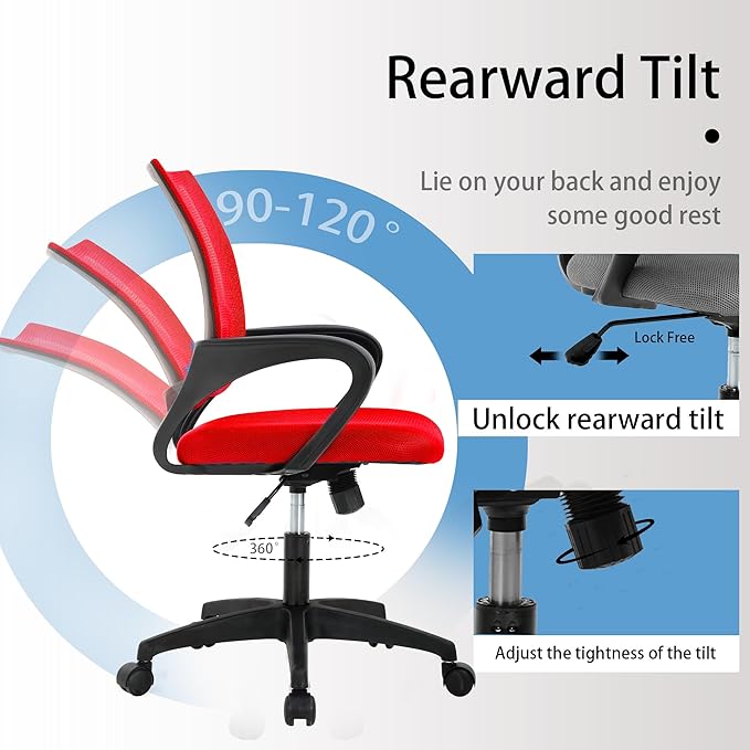 Office Chair - Breathable Mesh, Adjustable Height & Tilt, Professional Desk Chair for Long Hours, PVC Base, Red