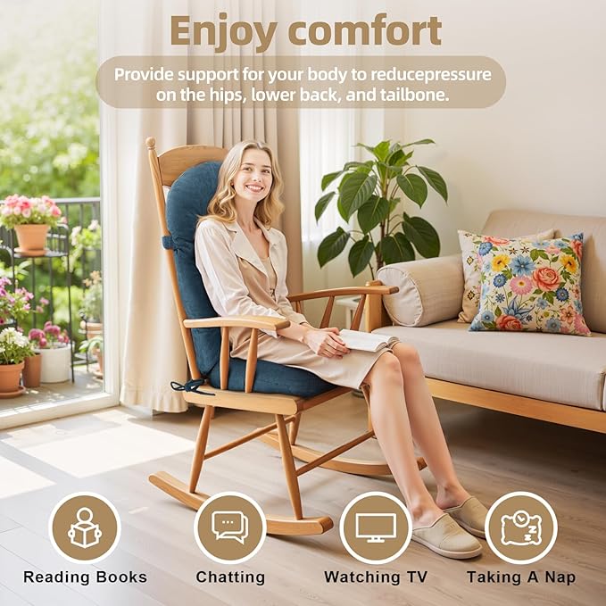 Rocking Chair Cushion - Corduroy Fabric, High-Density Sponge, Durable Comfort Non-Slip Bottom Tufted Seat Pads with Ties, Corduroy︱Dark Blue, 44x19x4 inch