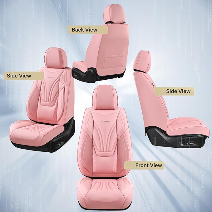 Coverado Car Seat Covers Front Seats, 2 Piece Car Seat Protector with Lumbar Support & Removable Headrest, Breathable Leather Seat Cushion Universal Fit for Truck Automotive Vehicles Pink