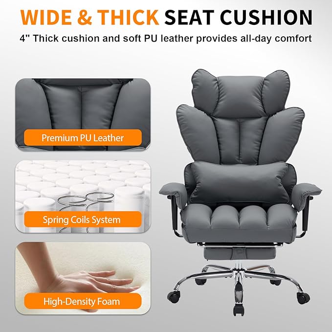 Garvee Big and Tall Office Chair, Executive Leather Office Chair with Footrest, 400lbs Ergonomic Gaming Chair for Adults, Wide Seat Computer Desk Chair with Lumbar Support, 150 Degree Reclining, Gray