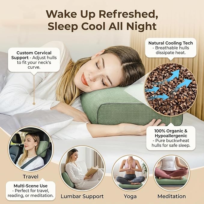 Buckwheat Pillow & Cervical Pillows for Sleeping (21x8x3inch), Natural Cooling Technology and Relieve Cervical Pain, 100% Organic Coarse Cloth Package w Organic Buckwheat Hulls. (C-Green)