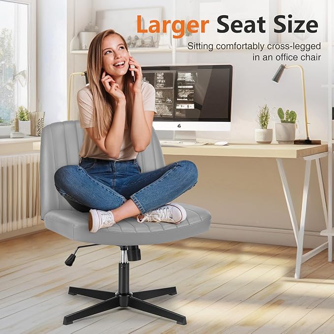 Sweetcrispy Criss Cross Chair Legged, PU Leather Armless Office Swivel Desk Chairs No Wheels, Vanity Height Adjustable Wide Seat Faux Leather Computer Task Chair for Home Bedroom, PU-Grey
