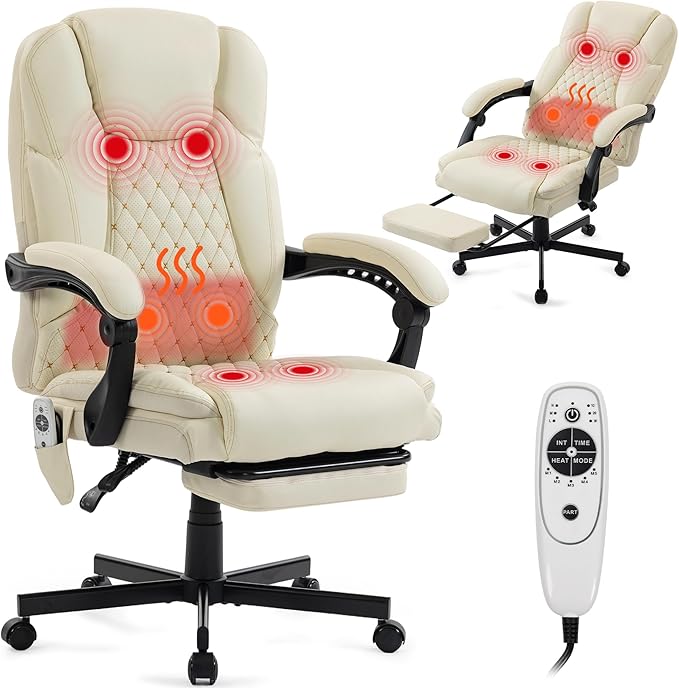 Massage Office Chair with Foot Rest, 6 Points Vibration Heating Executive Chairs Ergonomic Home Office Desk Chair with Reclining Backrest, Adjustable Arms and Lumbar Support-Beige