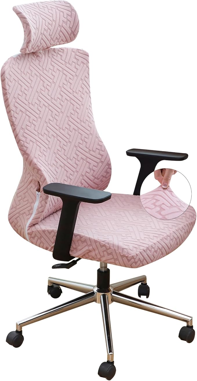 Pink Ergonomic Office Chair Covers Set with Headrest Cover Jacquard 2 Pieces Stretch Desk Computer Office Chair and Headrest Slipcovers Washable