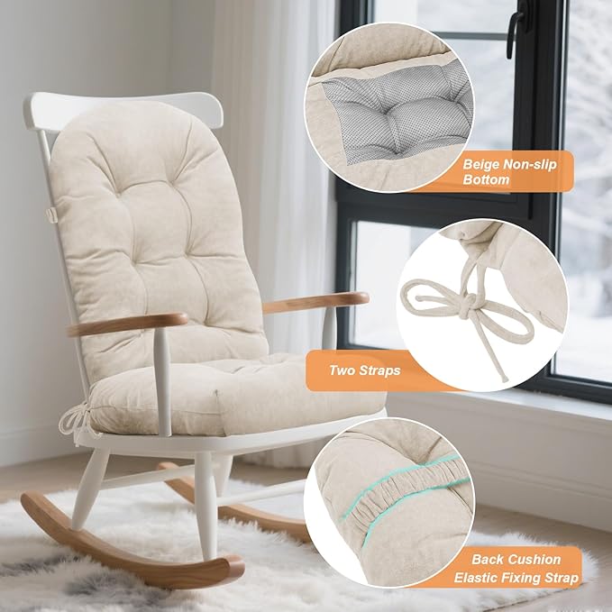 Rocking Chair Cushion - Velvet Fabric, High-Density Sponge, Durable Comfort Non-Slip Bottom Tufted Seat Pads with Ties, Velvet︱Oyster White, 44x19x4 inch