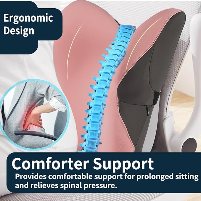 Ergonomic Back Cushion for Lower Pain Relief, Momery Foam Back Pillow, Lumbar Support for Office Chair Back Support for Computer Chairs, Gaming,Home - Working,Removable & Washable Cover（Pink）
