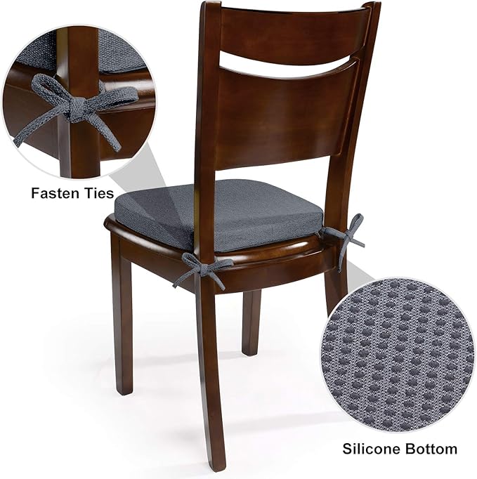 Shinnwa Seat Cushions for Kitchen Chairs Set of 4, Non Slip Dining Room Chair Cushion with Ties, 4 Pack, 15 x 15.5 inches, Dark Gray