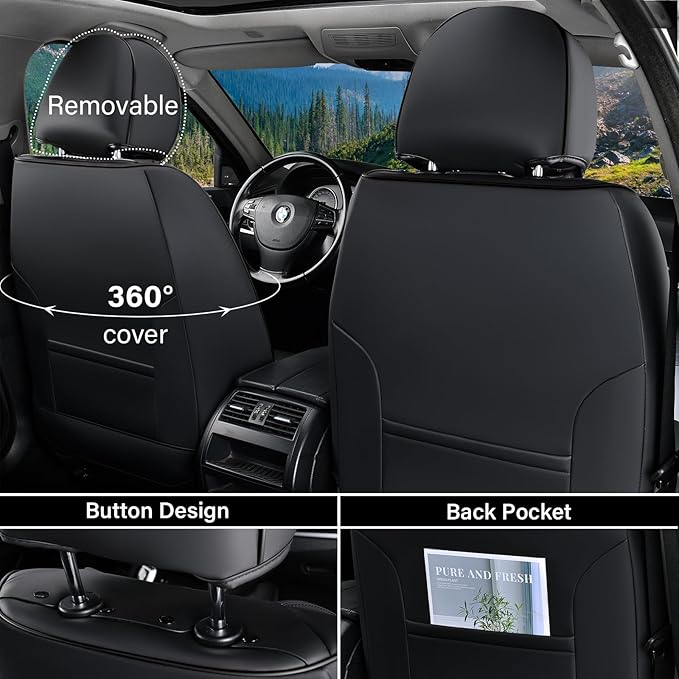 Coverado Car Seat Covers Front Seats, 2 Piece Car Seat Protector with Removable Headrest, Nappa Leather Breathable Front Seat Cushion Side All Wrapped Universal Fit Truck Automotive Most Cars Black