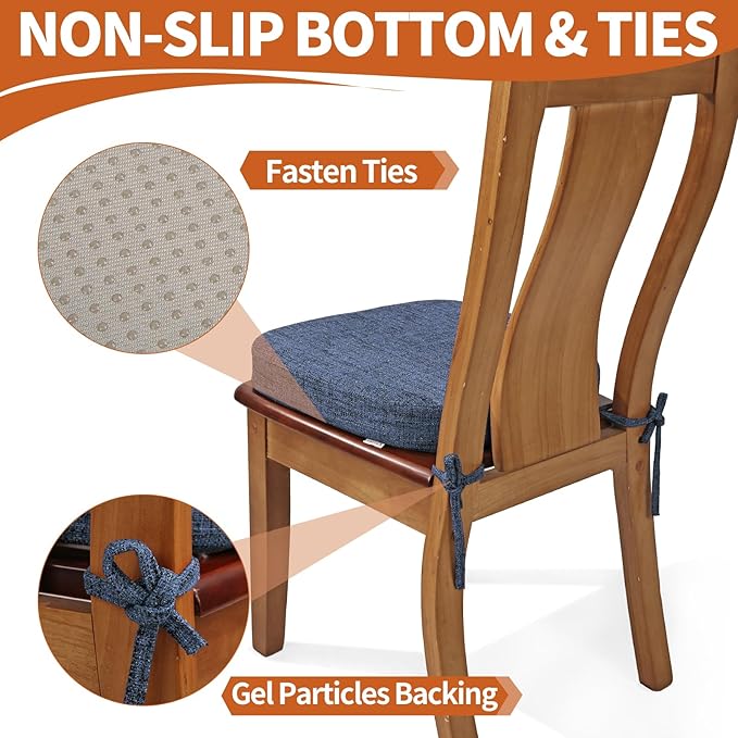 SINOSSO Chair Cushions for Dining Chairs, Soft Blended 2.5" High Density Support Foam Kitchen Seat Cushions with Ties, U-Shaped Non-Slip Indoor Chair Pads, 16.5" x 16", 4 PCS, Blue