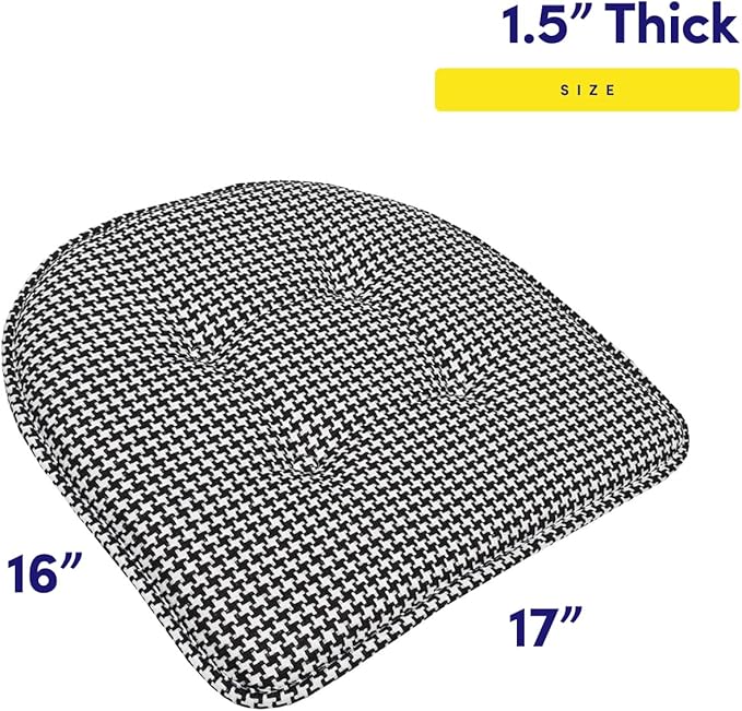 Sweet Home Collection Chair Cushion Memory Foam Pads Tufted Slip Non Skid Rubber Back U-Shaped 17" x 16" Seat Cover, 4 Count (Pack of 1), Houndsooth Black