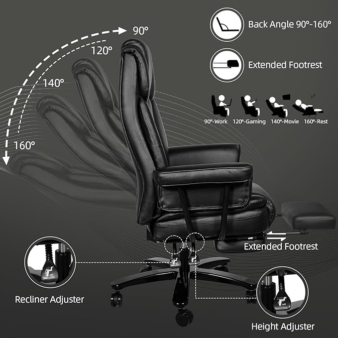 Reclining Office Chair with Footrest, Big and Tall Home Office Desk Chairs 400lbs with High Back, Criss Cross Wide Seat, Heavy Duty Base, Pu Leather, Black