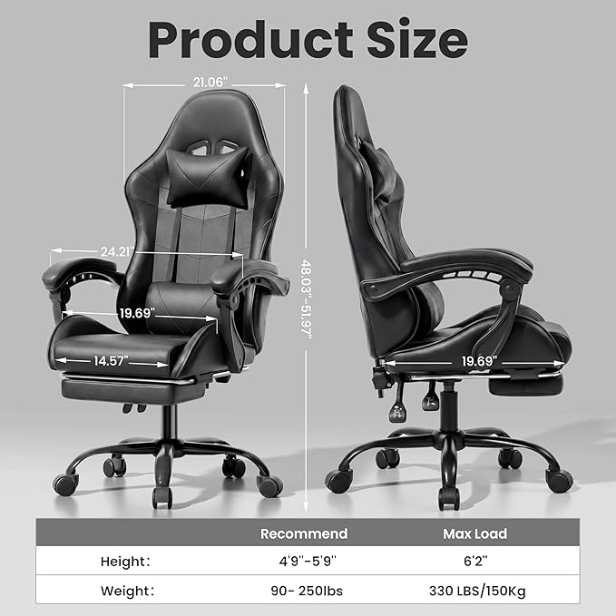 Ergonomic Gaming Chair, Desk Chair with Headrest & Lumbar Support, 90°-150° Reclining Backrest & Footrest, 361° Swivel Height Adjustable Computer Chair, High Back for Adults