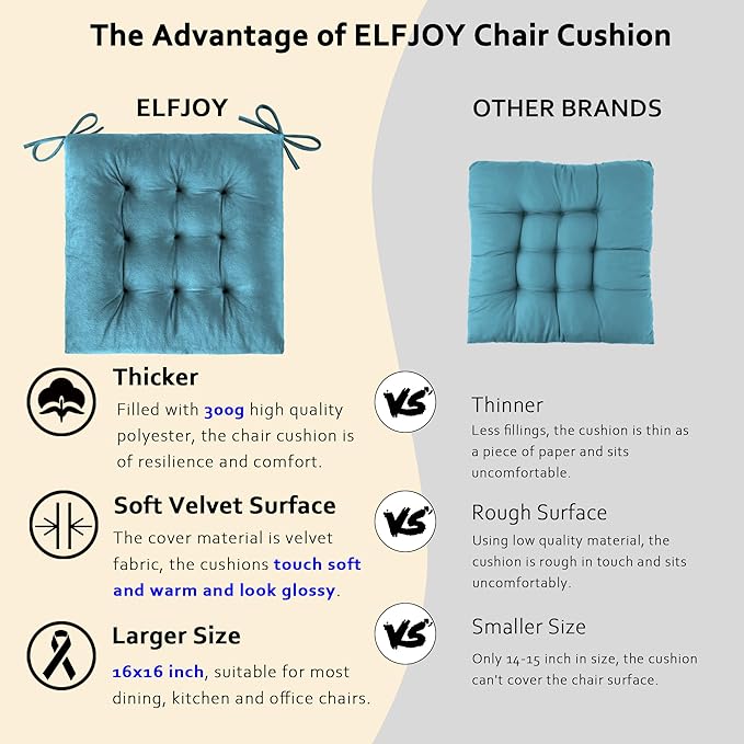 ELFJOY 4 Pack Chair Cushions for Dining Chairs Chair Pads Cushion for Kitchen Office Tufted Square Seat Cushion with Ties (16" Blue Velvet)