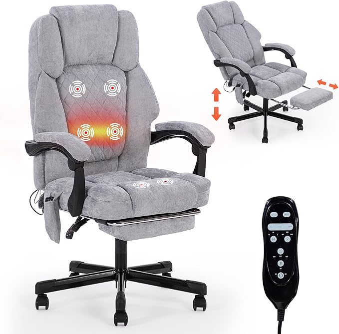 Massage Office Chair with Foot Rest,High Back & Heat 6 Vibration Points, Executive Desk Chair,Big and Tall Office Chair 400lbs, Comfortable Ergonomic Reclining Managerial Chair, Grey