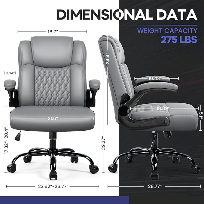 OFIKA Leather Office Desk Chair,Ergonomic Office Chair with Lumbar Support,Computer Chair,Executive Leather Chair with Padded Flip-up Arm,Adjustable Armrests, Gray,275LBS