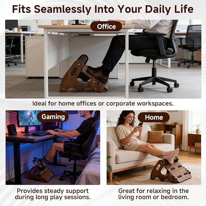 Wood Foot Rest for Under Desk at Work,Adjustable Rocking Foot Stool with 3 Height Positions,Soft Crossbar & Anti-Slip Surface, Ergonomic Wooden Footrest for Improved Posture, Home & Office