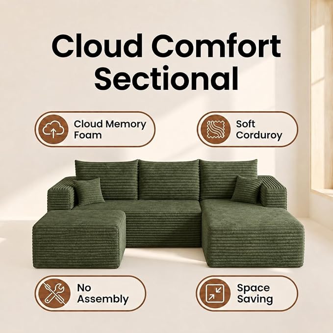 94" Green Fluffy Couch with Ottoman for Living Room, Corduroy No Bones Sectional Couch,Compressed Memory Foam Cloud Sofa,No Assembly Required,Right Facing Chaise,Green