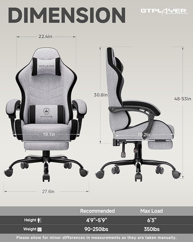 GTPLAYER Gaming Chair with Footrest, Computer Gaming Chair for Adults and Kids, Height Adjustable Gamer Chair with 90-155° Recline & Removable Headrest Lumbar Support,Linen Fabric Gray-Black