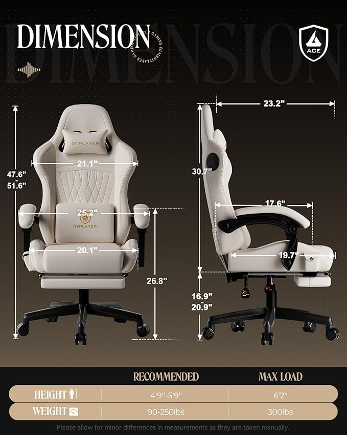 GTPLAYER Gaming Chair for Adults, Ergonomic Computer Game Chairs with Speakers, Footrest & Linkage Armrest, Reclining High Back Silla Gamer for Home Office, Ace Pro, Off-White