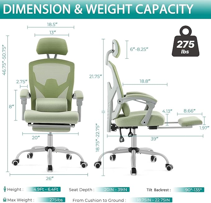 Simple Deluxe Home Office Desk Chair with Footrest, High-Back Mesh Rolling Swivel Reclining Chairs with Wheels, Comfortable Headrest, Lumbar Support, Comfy Arms