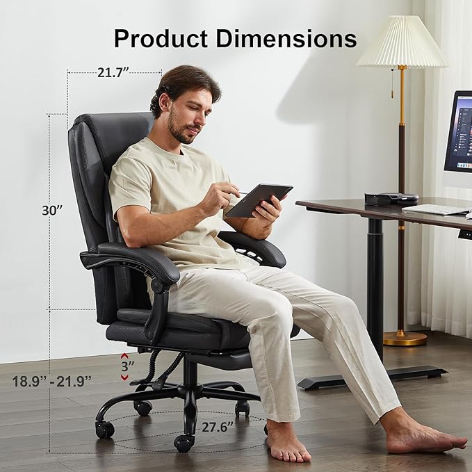 amseatec Office Chair,Big and Tall 400Lbs with Footrest, Ergonomic with Adjustable Backrest, Reclining Computer Chair with Double Lumbar Support, Thick Bonded Leather for Comfy (Gray)