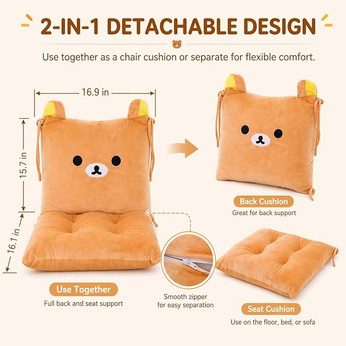 ChezMax Chair Cushion Plush Seat Cushion Back Cushion with Ties Thickened Desk Chair Pads Cartoon Waist Pillow Cushion Decor for Chair Car Office Patio Wheelchair Cartoon Bear