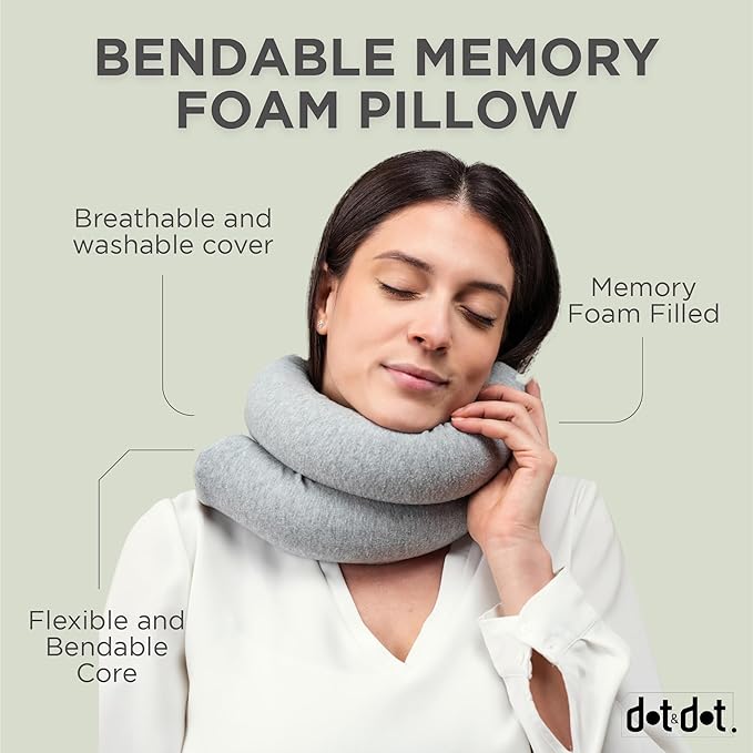 Dot&Dot Twist Memory Foam Travel Pillow for Neck, Chin, Lumbar and Leg Support - Cotton Cover Snap Closure Grey