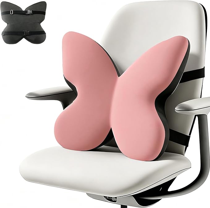 Ergonomic Back Cushion for Lower Pain Relief, Momery Foam Back Pillow, Lumbar Support for Office Chair Back Support for Computer Chairs, Gaming,Home - Working,Removable & Washable Cover（Pink）