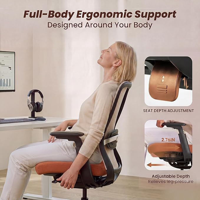 COLAMY Office Chair Set of 2, Easy Wire-Control Desk Chair with Sliding Seat Depth & Thick Padded Lumbar Support, Heavy Duty 300 LBS High Back Mesh Computer Chair for Home Workstation,Orange