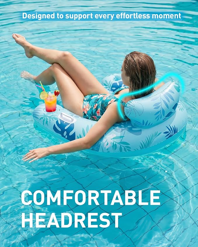 HLDIRECT Inflatable Pool Floats Adult, Floating Pool Chair with Cup Holders for Swimming Pool, Water Chair Pool Lounger with Handles & Ergonomic Headrest for Party Summer Water Fun