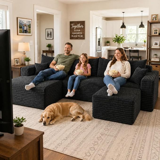 94" Black Fluffy Couch with Ottoman for Living Room, Corduroy No Bones Sectional Couch,Compressed Memory Foam Cloud Sofa,No Assembly Required,Left Facing Chaise,Black