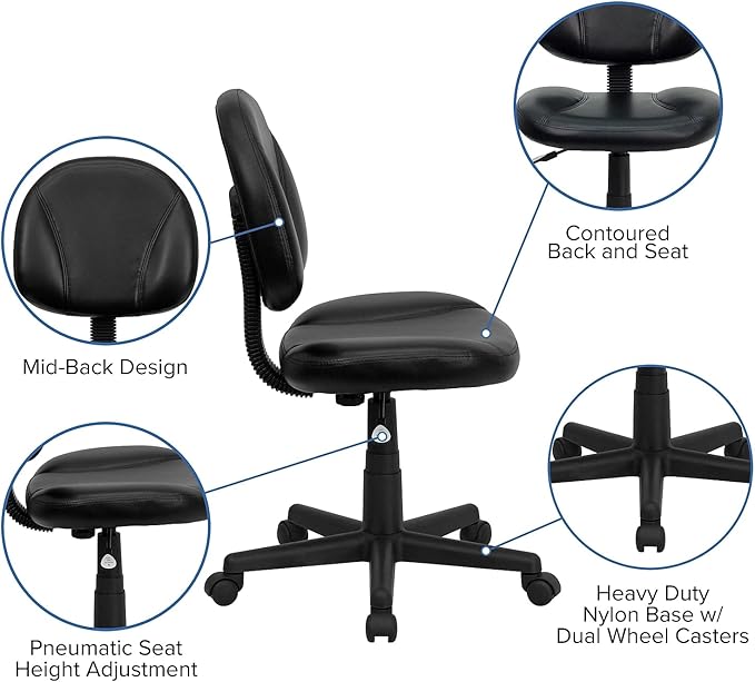 Flash Furniture Ronald Mid-Back Black LeatherSoft Swivel Ergonomic Task Office Chair with Back Depth Adjustment