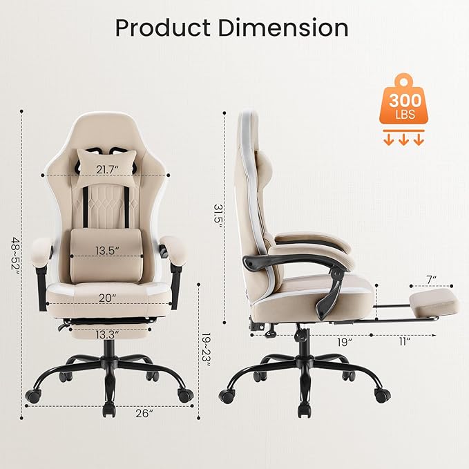 DUMOS Gaming Chair with Linkage Armrests, Video Game Chairs with Pocket Spring Cushion, Ergonomic Computer Silla Gamer Office Desk Chair with Footrest for Adults & Students, Khaki