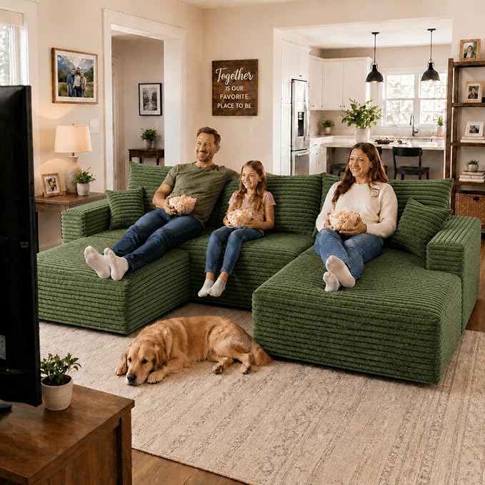 94" Green Fluffy Couch with Ottoman for Living Room, Corduroy No Bones Sectional Couch,Compressed Memory Foam Cloud Sofa,No Assembly Required,Right Facing Chaise,Green