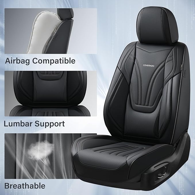Coverado Car Seat Covers Front Seats, 2 Piece Car Seat Protector with Lumbar Support & Removable Headrest, Breathable Leather Seat Cushion Universal Fit for Truck Automotive Vehicles Black