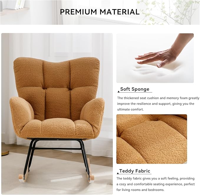FOXHUNTER Rocking Chair Nursery Teddy Upholstered Glider Rocker High Backrest Nursery Rocker Comfortable Stylish Accent Armchair for Living Rooms Bedrooms Offices (Teddy Kahaki)