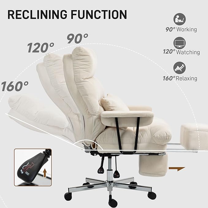 HOMCOM Large Overstuffed Office Chair with Lumbar Support, High Back Reclining Executive Corduroy Computer Desk Chair with Footrest, Swivel Wheels, Cream White