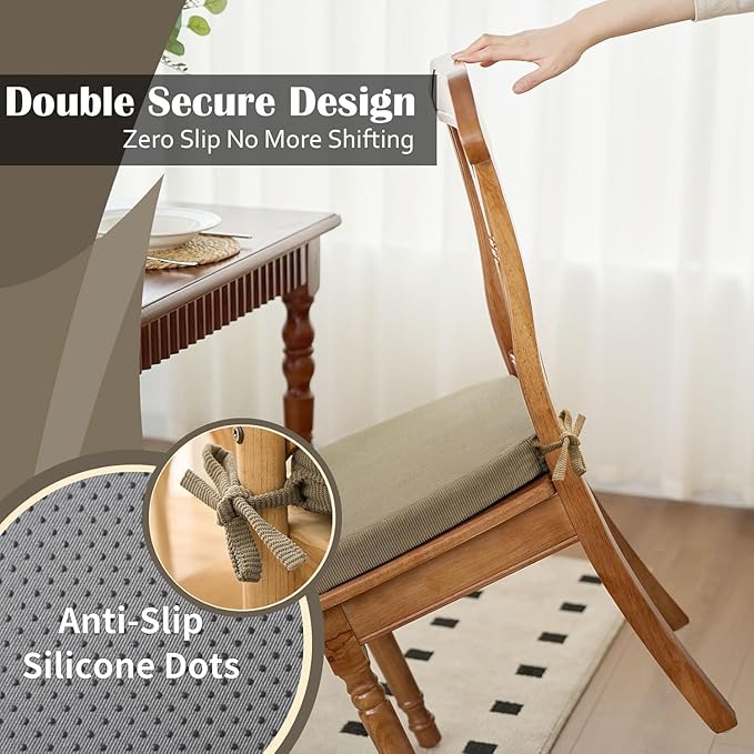 2'' Thick High-Density Foam Indoor Chair Cushions | Dining Chair Pads with Ties, Removable Washable Cover, Kitchen Chair Cushions 17"x16",Khaki 6 Pack